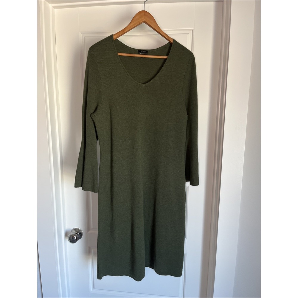 Talbots Sweater Dress Women M/L Green Knit Pure Merino Wool Bell Sleeve V-Neck